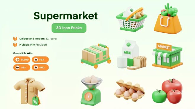 مجموعه آیکون سه بعدی سوپر مارکت Icone Supermaket